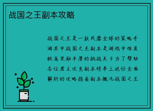 战国之王副本攻略